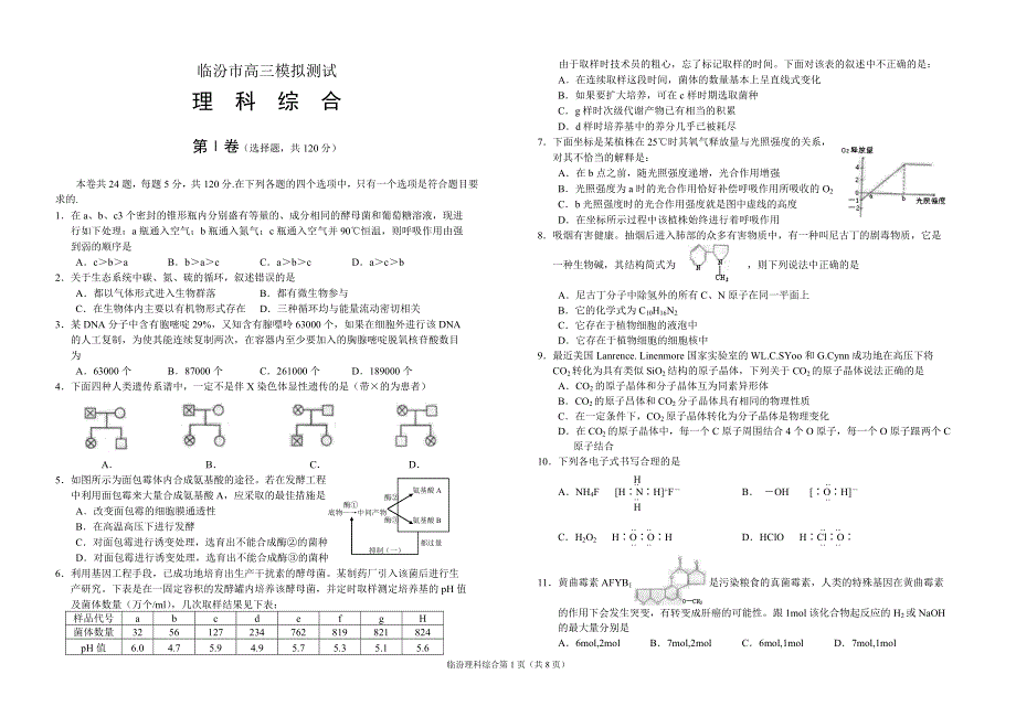 2002年临汾市高三理综模拟测试（1）.doc_第1页