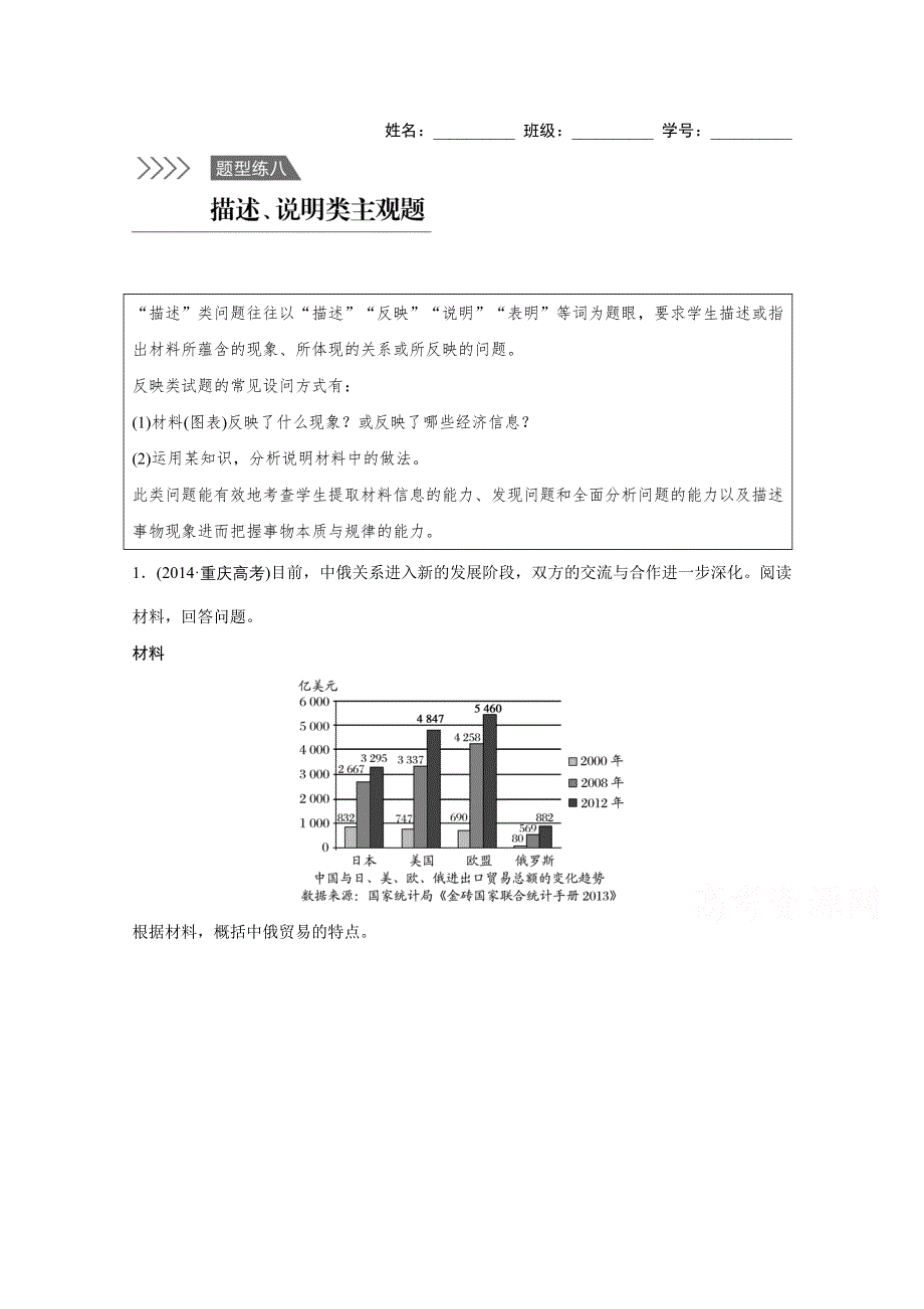 2016版高考政治（全国通用）大二轮总复习考前三个月高考题型集训：题型练8 描述、说明类主观题.docx_第1页