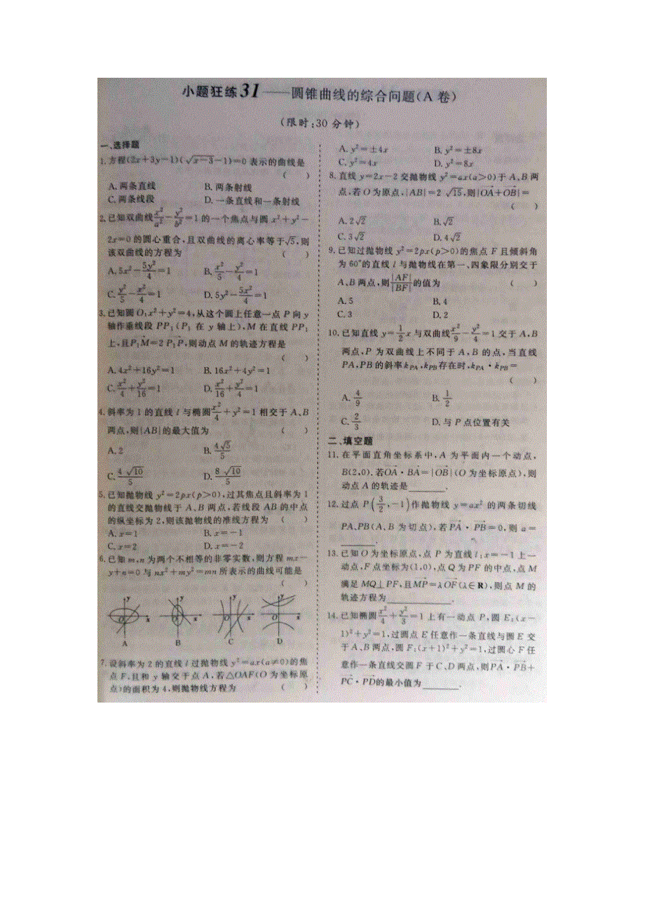 《 》2015届高考数学小题狂练：圆锥曲线的综合问题 扫描版含解析.doc_第1页