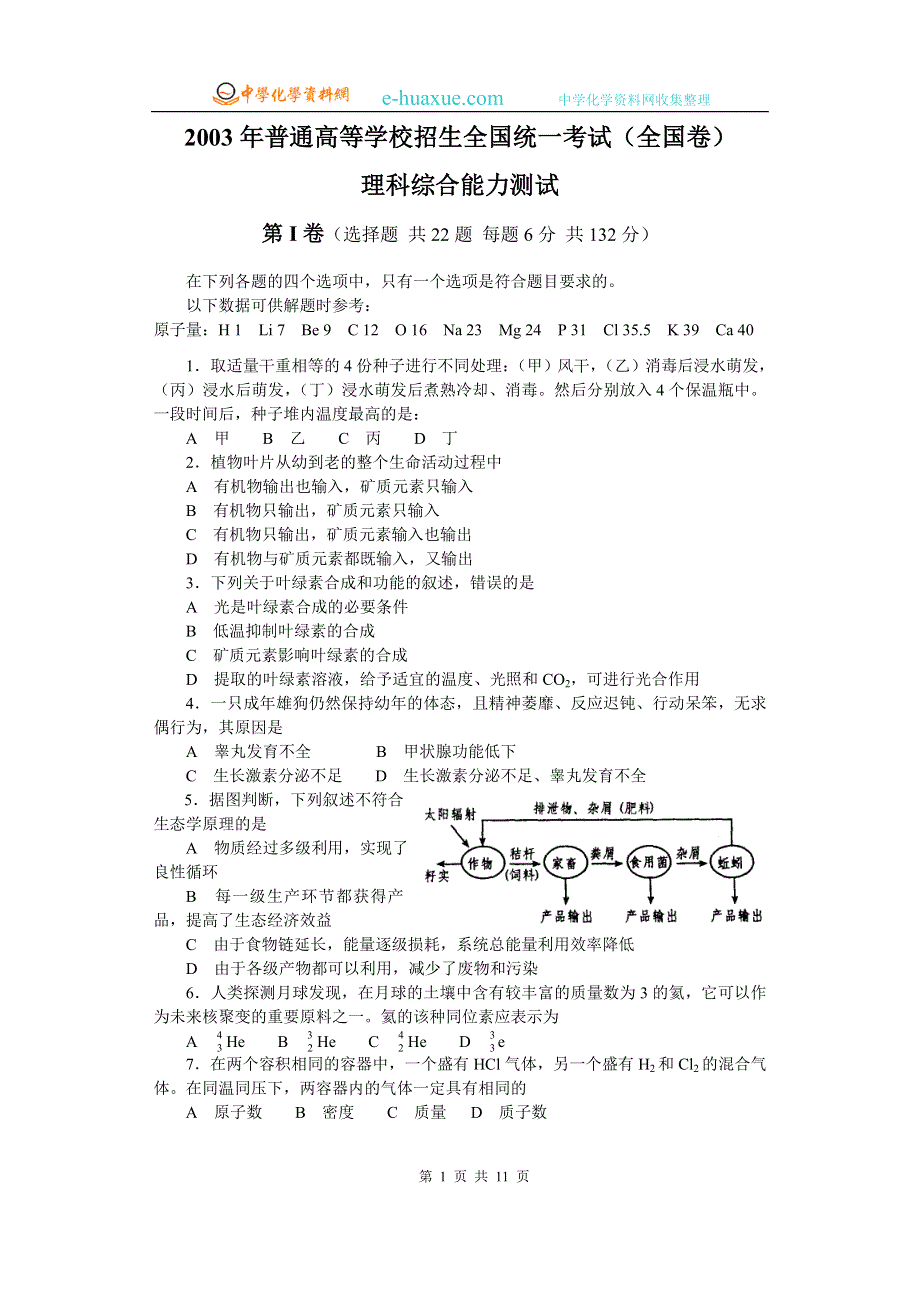 2003全国高考理科综合试题及答案.doc_第1页