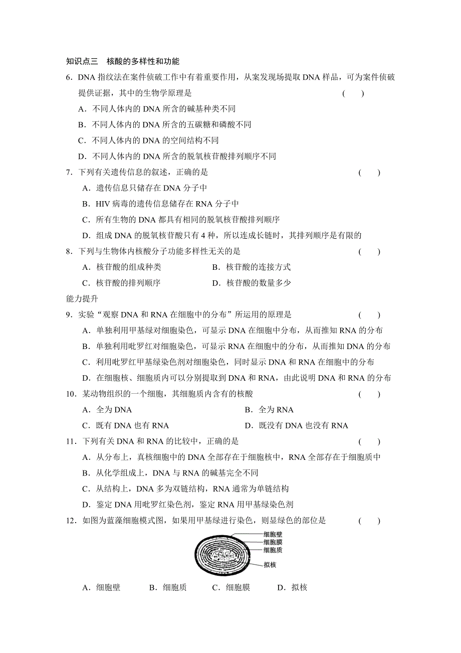 《 同步课堂》2016届高考生物一轮复习基础过关训练 第二章 训练6 遗传信息的携带者——核酸 .doc_第2页