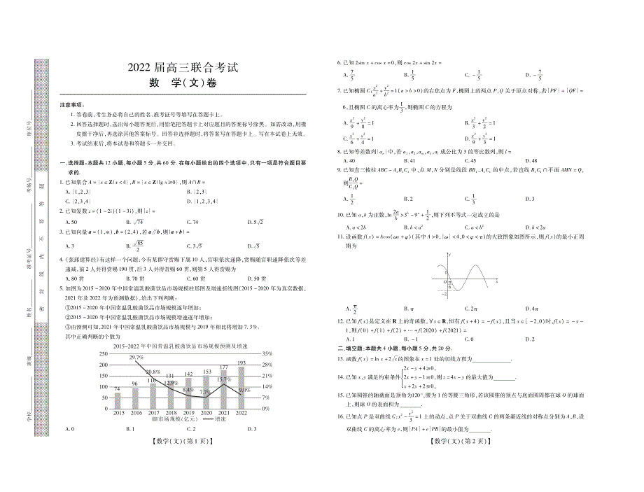 安徽省合肥市重点高中2022届高三上学期8月联合考试数学（文）试题 PDF版含答案.pdf_第1页