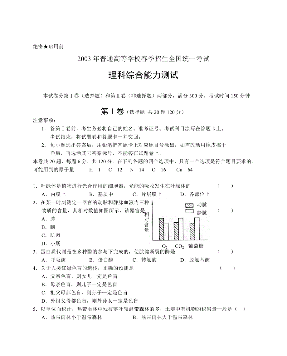 2003年普通高等学校春季招生全国统一考试理科综合能力测试.doc_第1页