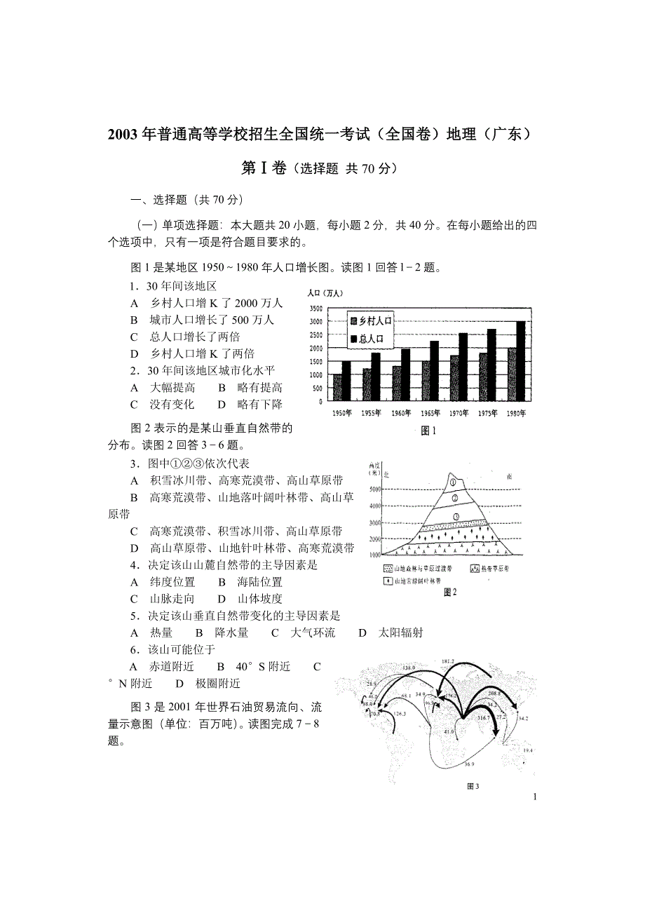 2003年普通高等学校招生全国统一考试（全国卷）地理（广东）.doc_第1页