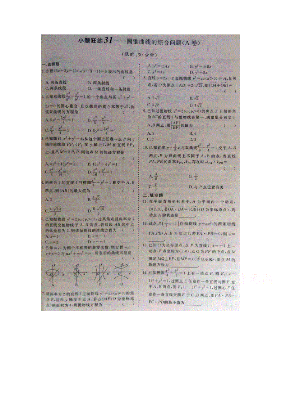 《&高频考点加餐训练》2015届高考数学小题狂练：圆锥曲线的综合问题（ A B卷） 扫描版含解析.doc_第1页