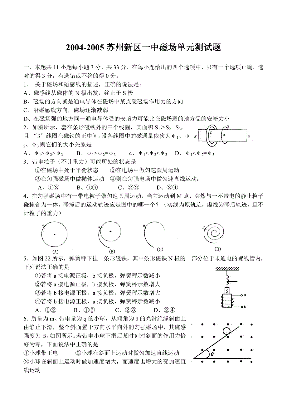 2004-2005苏州新区一中磁场单元测试题.doc_第1页