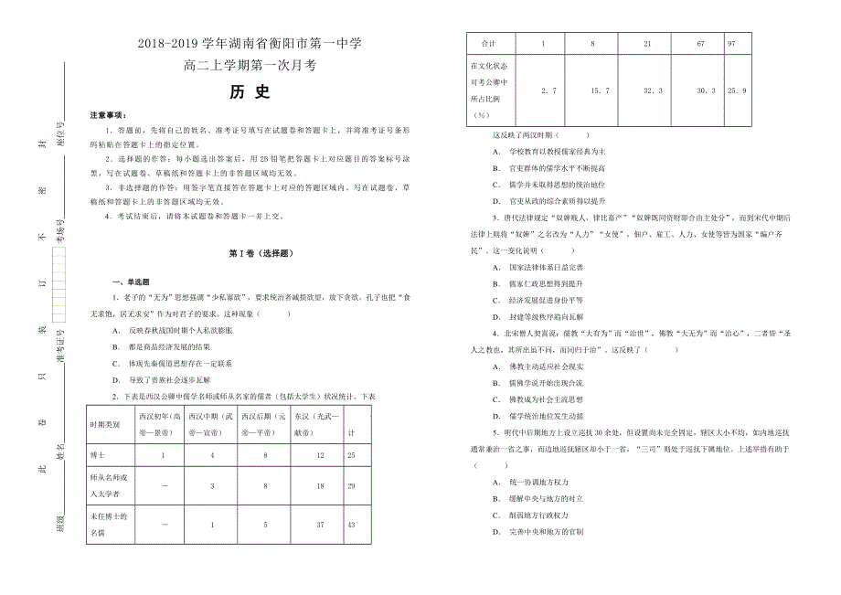 《100所名校》2018-2019学年湖南省衡阳市第一中学高二上学期第一次月考历史试题WORD版含解析.doc_第1页