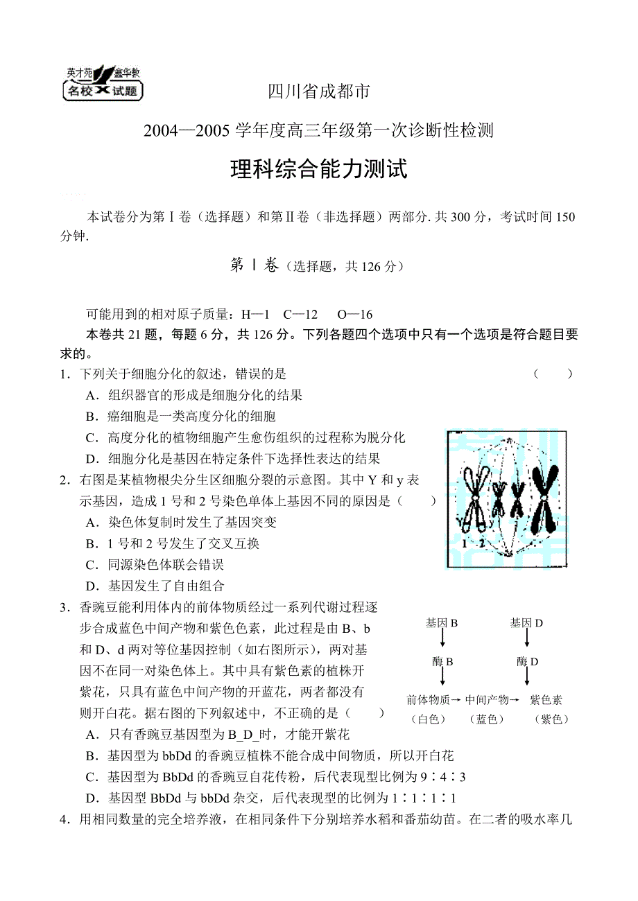 2004—2005学年度高三年级第一次诊断性检测.doc_第1页