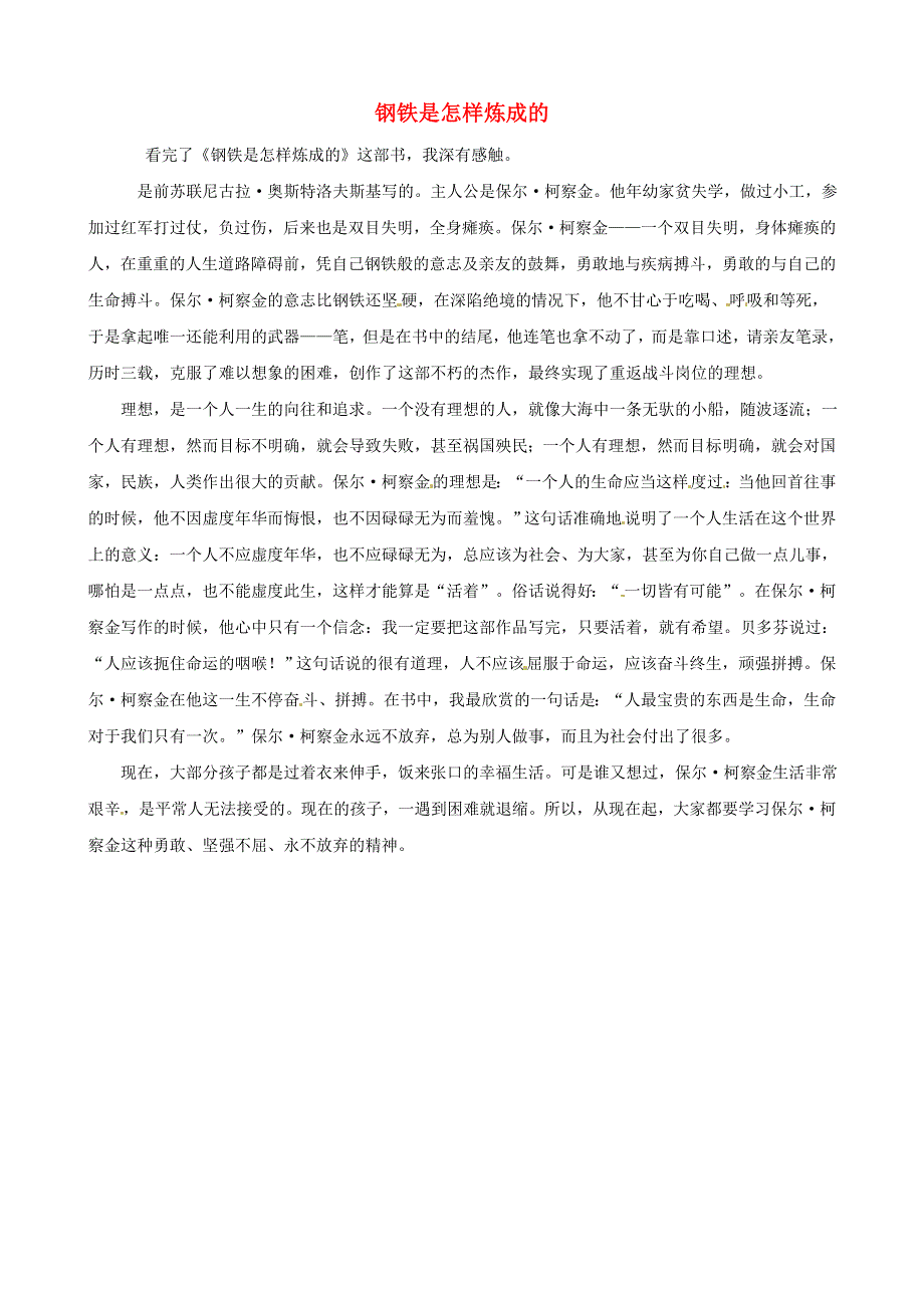 中考语文作文素材《钢铁是怎样炼成的》读后感作文 坚贞不屈的铮铮铁汉.doc_第1页