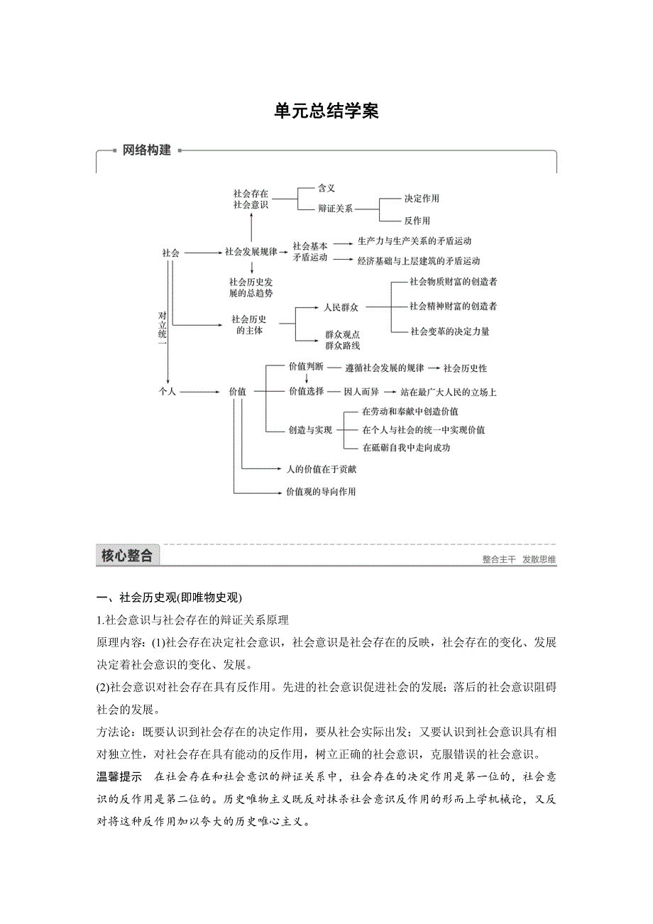 2017-2018学年同步备课套餐之政治必修4讲义：第四单元 认识社会与价值选择 单元总结学案 .docx_第1页