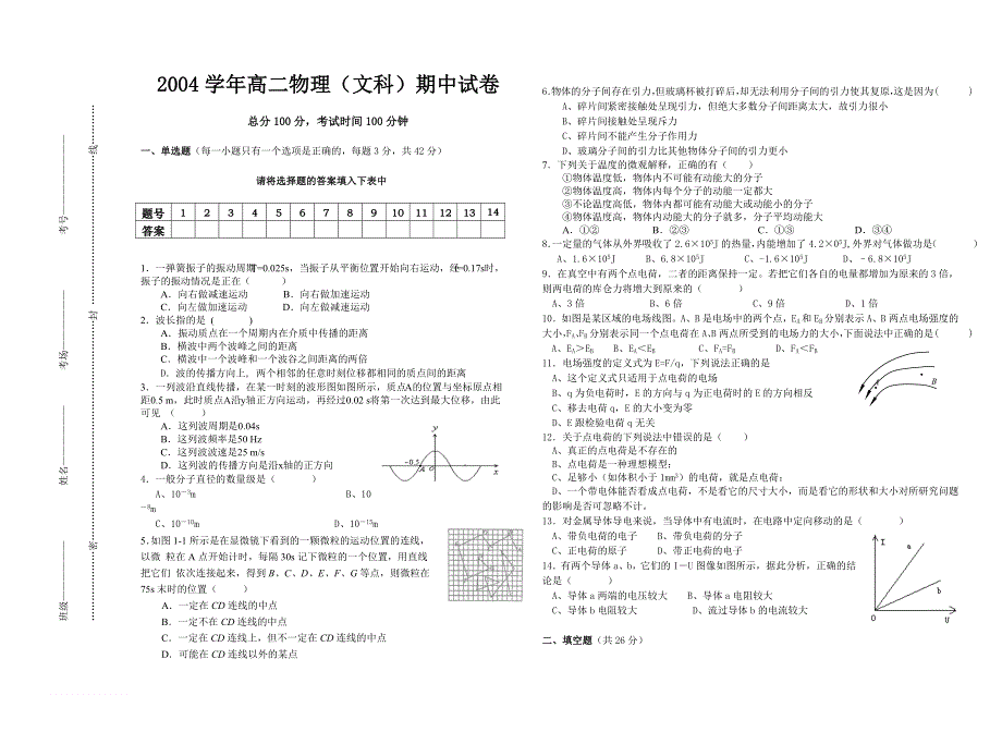 2004学年高二物理（文科）期中试卷.doc_第1页