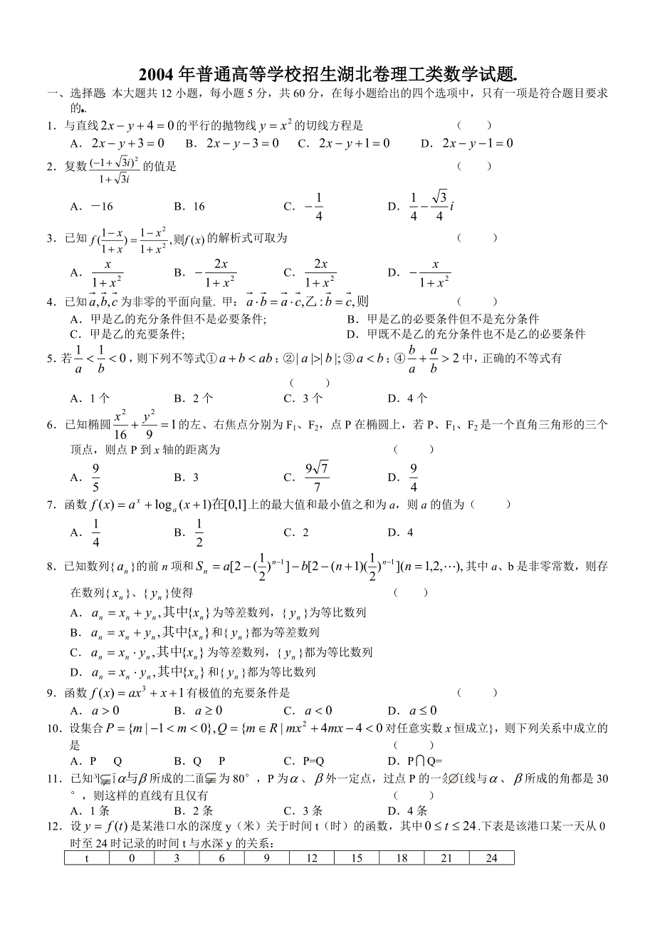 2004年高考数学试题（湖北理）及答案.doc_第1页