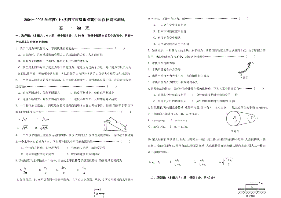 2004～2005学年度（上）沈阳市市级重点高中协作校期末测试高一物理.doc_第1页