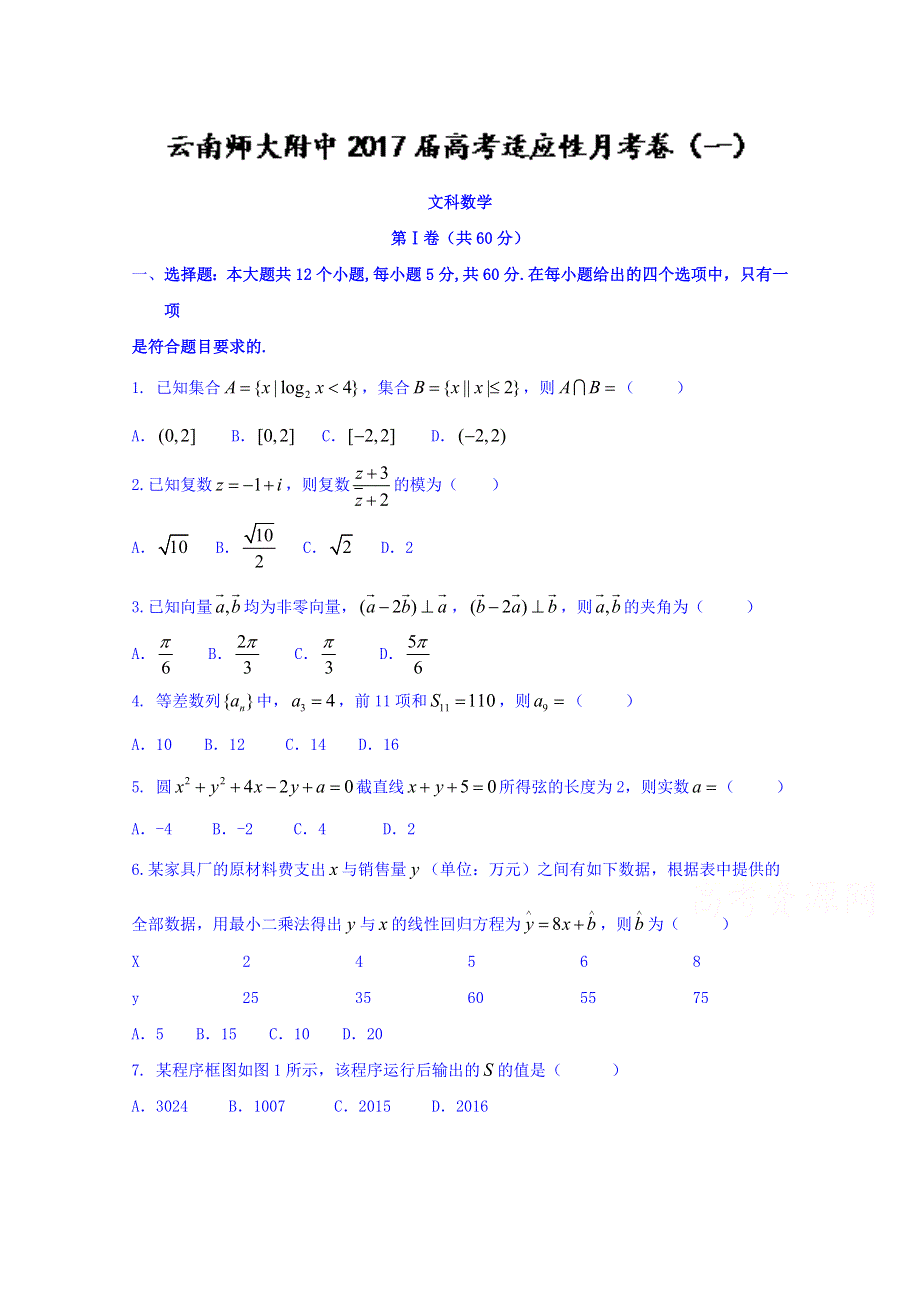 云南师大附中2017届高考适应性月考卷（一）文科数学 WORD版含答案.doc_第1页