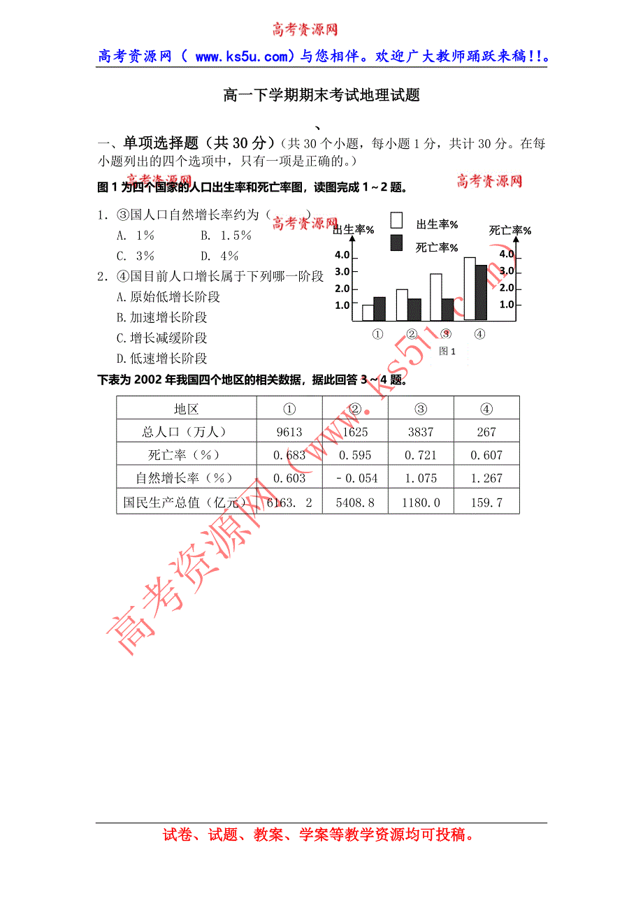 云南师范大学五华区实验中学2012-2013学年高一下学期期末考试地理试题 WORD版含答案.doc_第1页