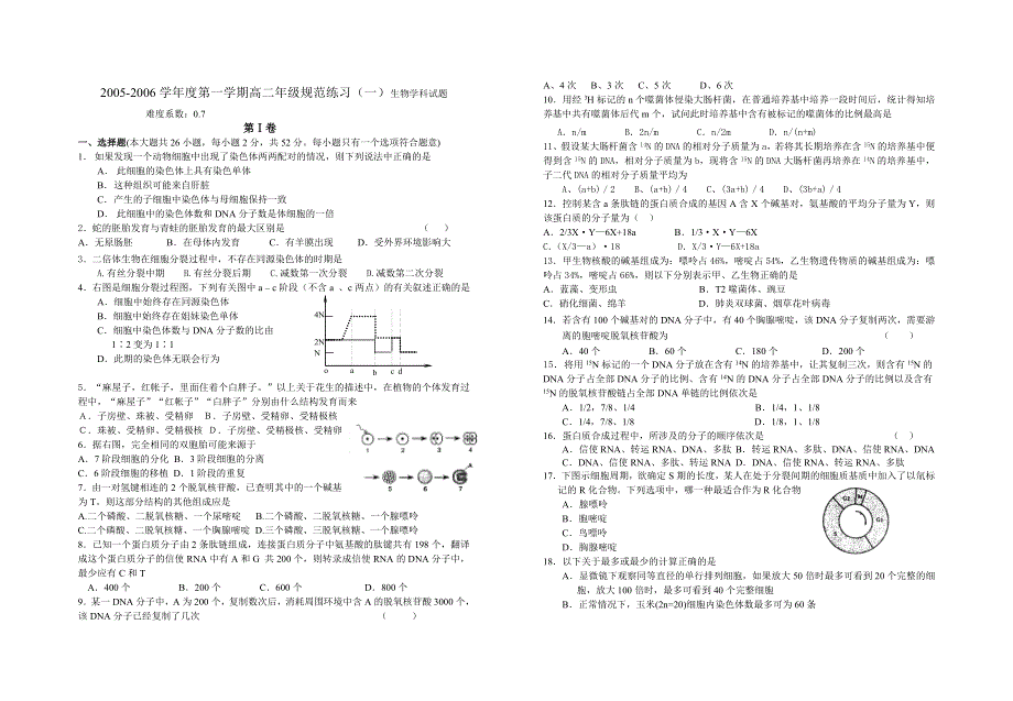 2005-2006学年度第一学期高二年级规范练习（一）生物学科试题.doc_第1页