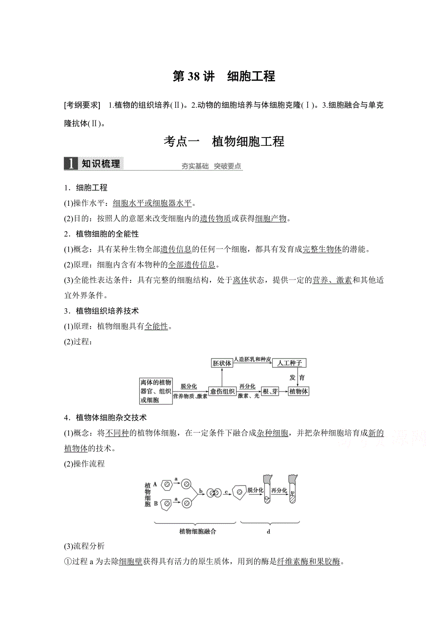 2016届高考生物大一轮总复习（苏教版文科） 第十单元 现代生物科技专题 第38讲 细胞工程.docx_第1页