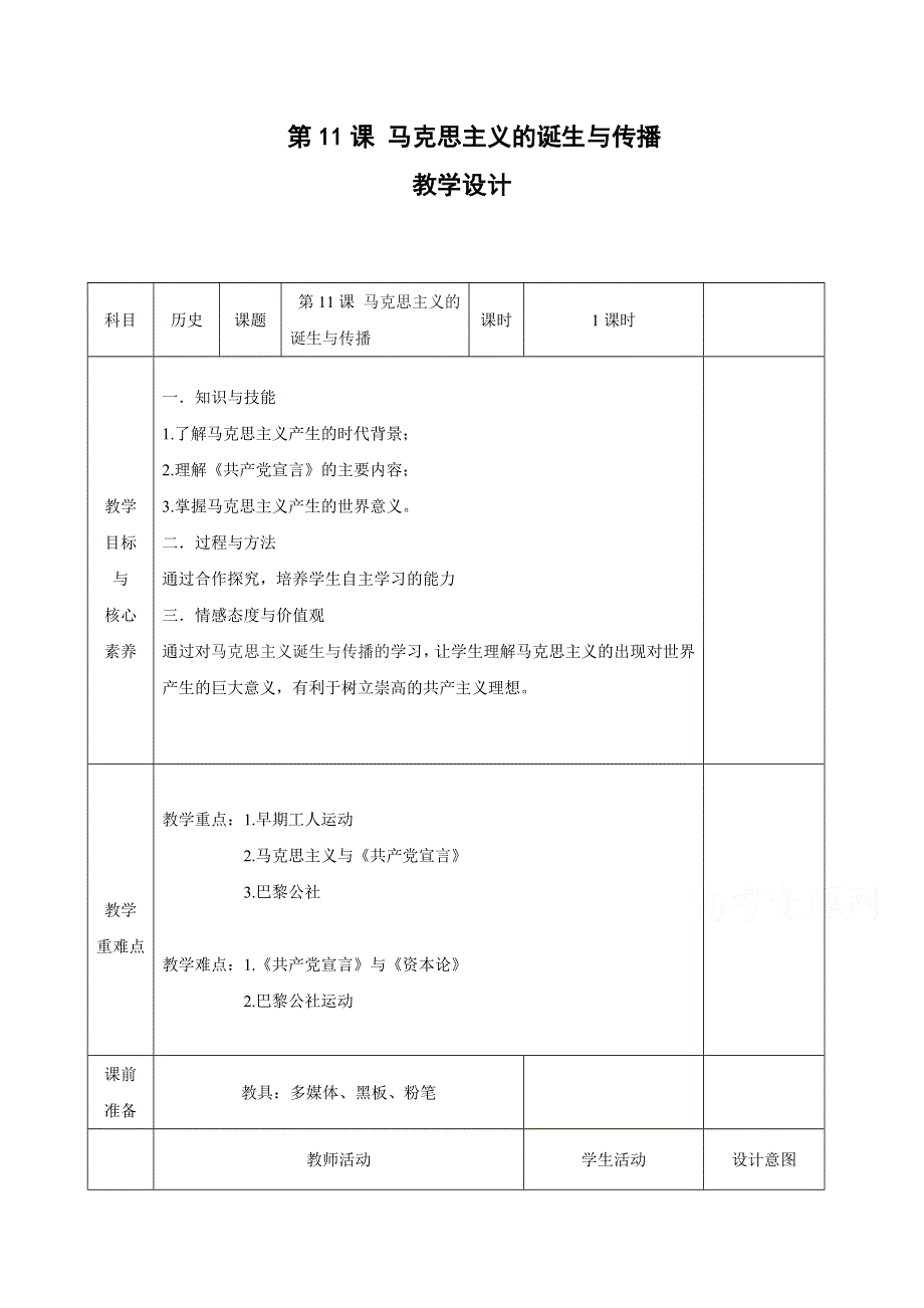 2019-2020学年高中历史部编版（2019）必修中外历史纲要（下）教案：第11课 马克思主义的诞生与传播 WORD版含解析.docx_第1页