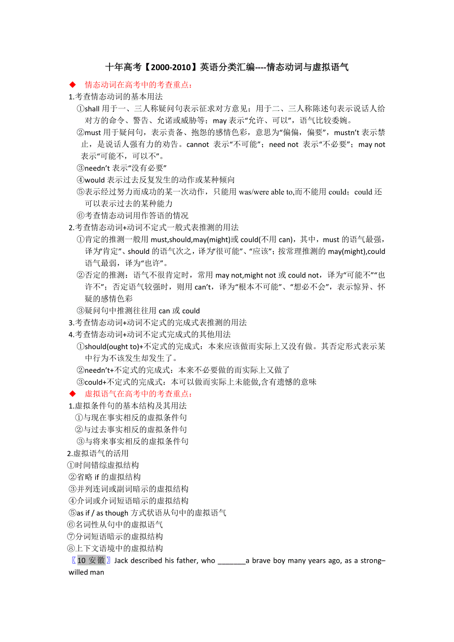 十年高考【2000-2010】英语分类汇编----情态动词与虚拟语气.doc_第1页