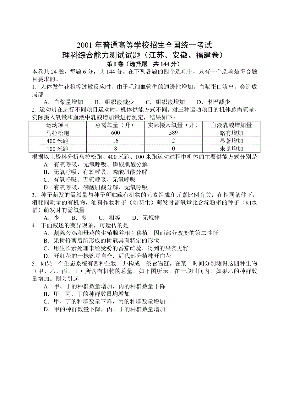 2001年全国普通高等学校招生统一考试理科综合能力测试试题（江苏、安徽、福建卷）.doc_第1页