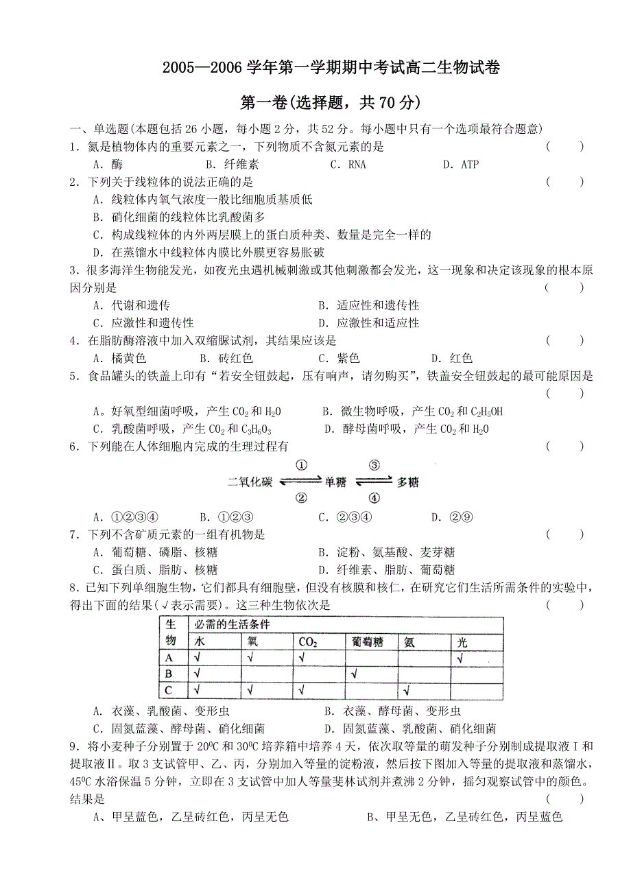 2005—2006学年第一学期期中考试高二生物试卷.doc_第1页