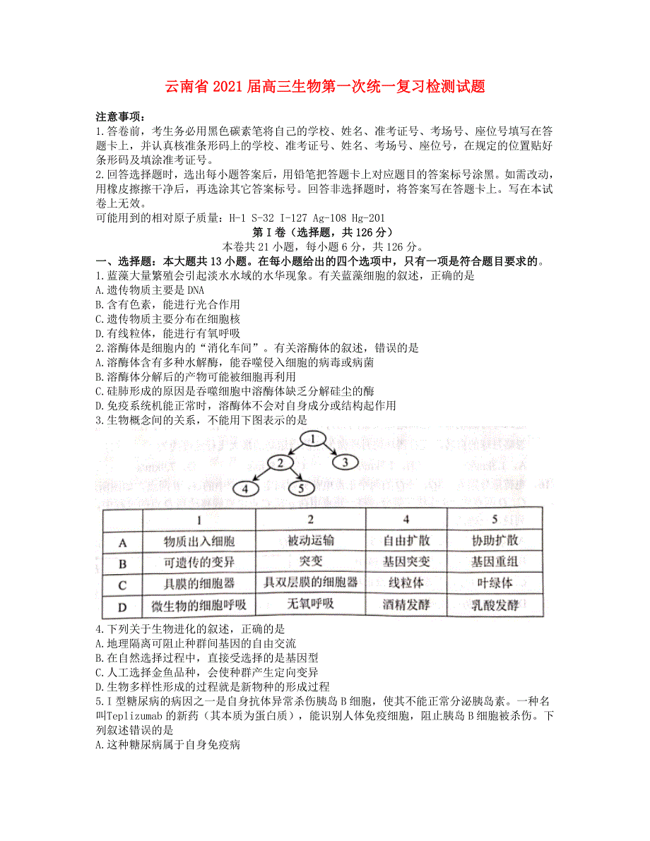 云南省2021届高三生物第一次统一复习检测试题.doc_第1页