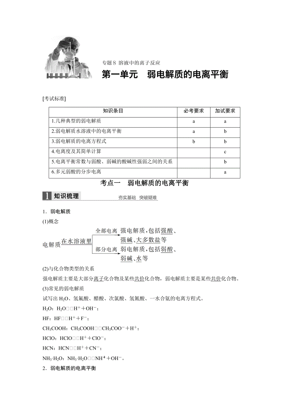 2017版高考化学苏教版（浙江专用）一轮复习文档：专题8 第1单元弱电解质的电离平衡 WORD版含答案.docx_第1页