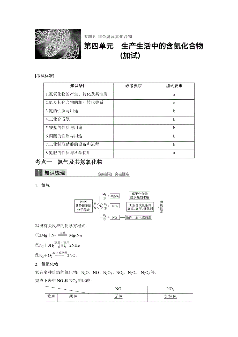 2017版高考化学苏教版（浙江专用）一轮复习文档：专题5 第四单元生产生活中的含氮化合物（加试） WORD版含答案.docx_第1页