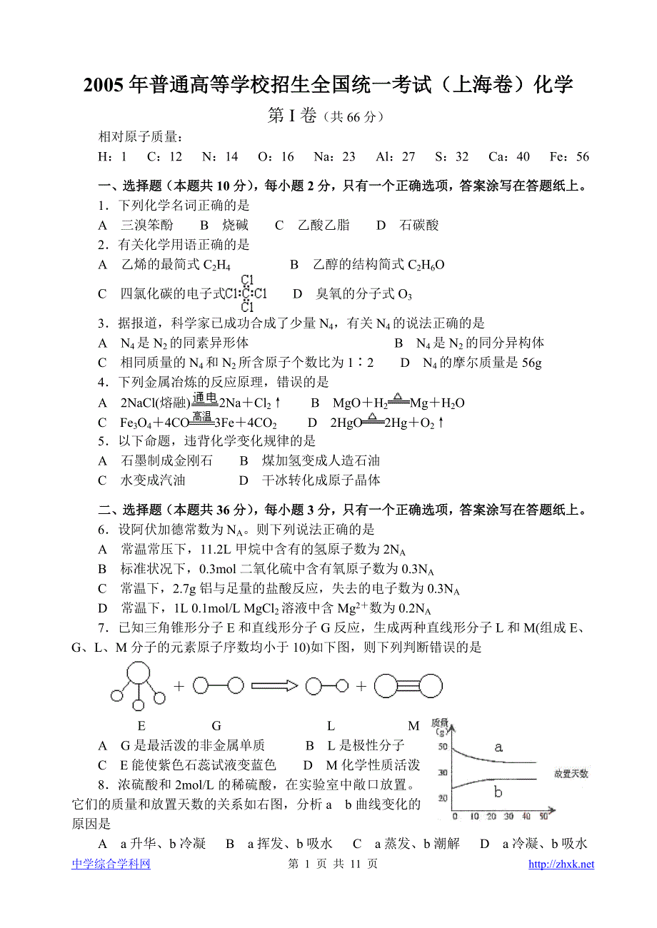 2005年普通高等学校招生全国统一考试（上海卷）化学.doc_第1页