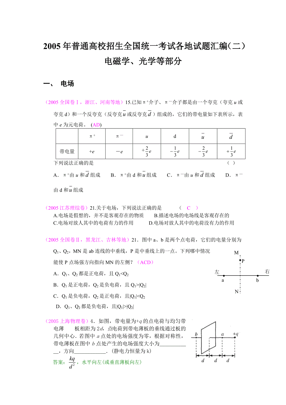 2005年普通高校招生全国统一考试各地试题汇编（二）电磁学、光学等部分含答案.doc_第1页