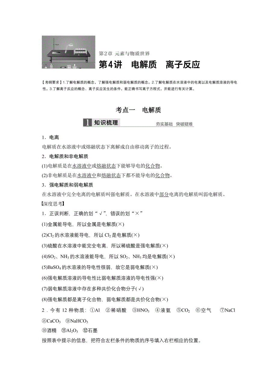 2017版高考化学（鲁科版）一轮复习训练：第2章 第4讲 电解质 离子反应 WORD版含解析.docx_第1页