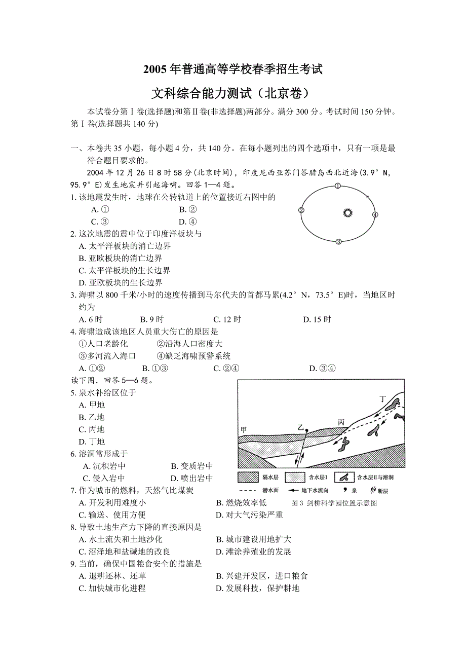 2005年普通高等学校春季招生考试文科综合能力测试（北京卷）第1卷.doc_第1页