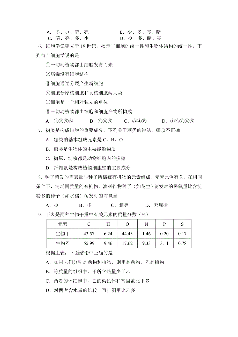 安徽省含山中学、巢湖市四中2013-2014学年高一上学期联考生物试题 WORD版无答案.doc_第2页