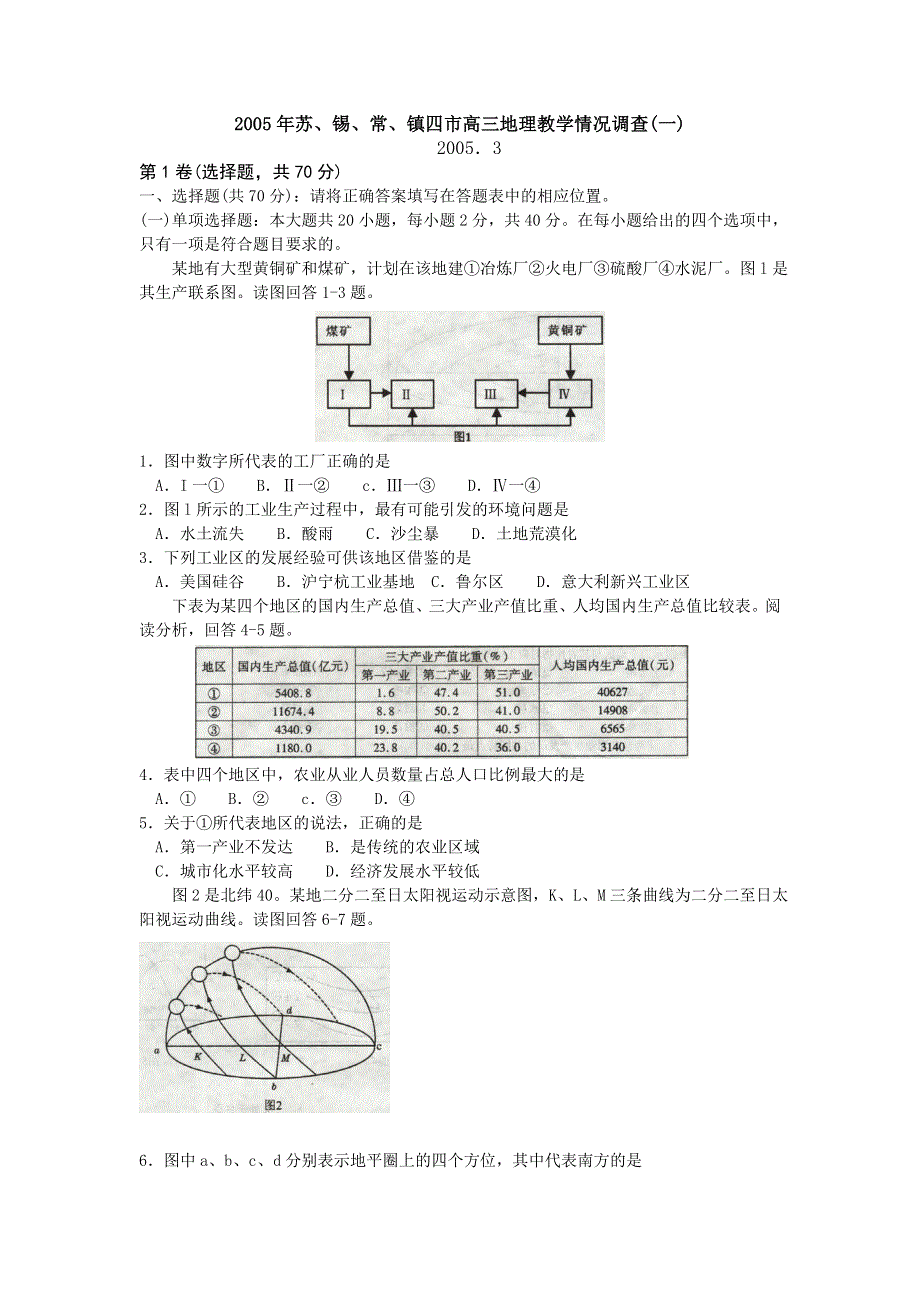 2005年苏、锡、常、镇四市高三地理教学情况调查（一）.doc_第1页