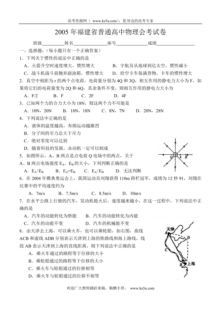 2005年福建省普通高中会考物理试卷.doc_第1页