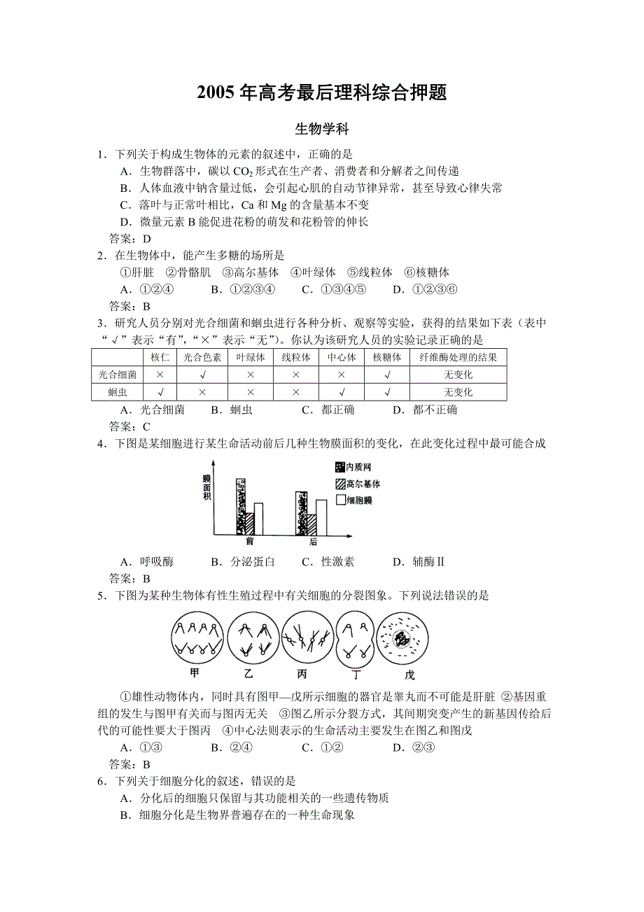 2005年高考最后理科综合押题.doc_第1页