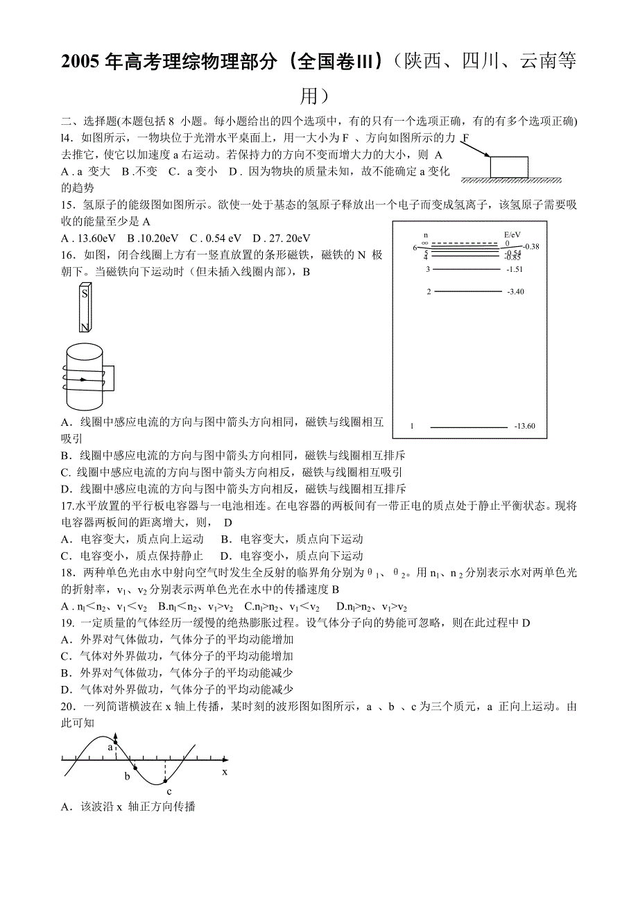 2005年高考理综物理部分（全国卷3）（陕西、四川、云南等用）.doc_第1页