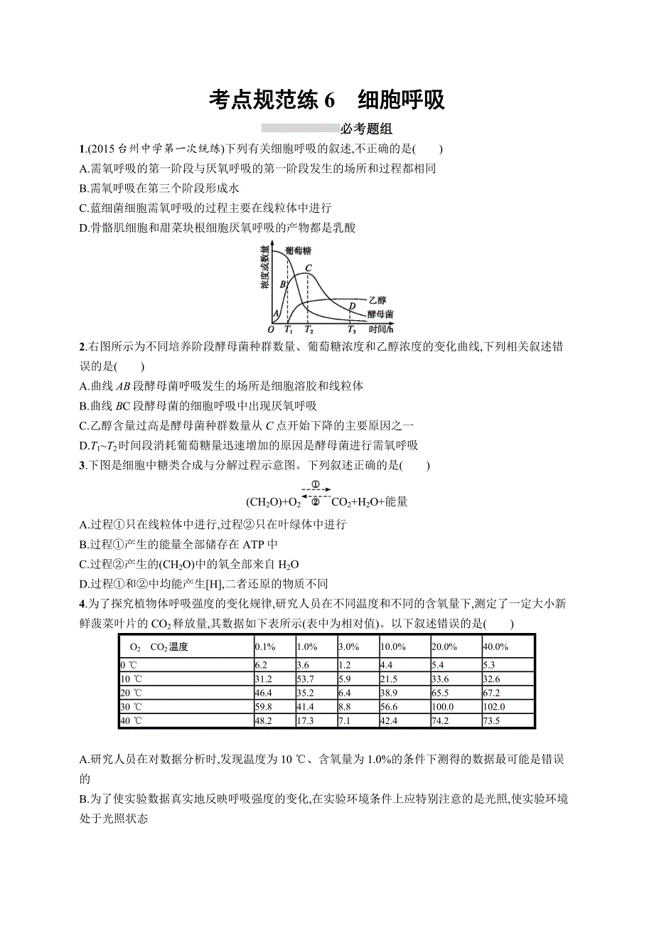 2017高考生物（浙科版）一轮复习考点规范练6 细胞呼吸 WORD版含解析.docx_第1页