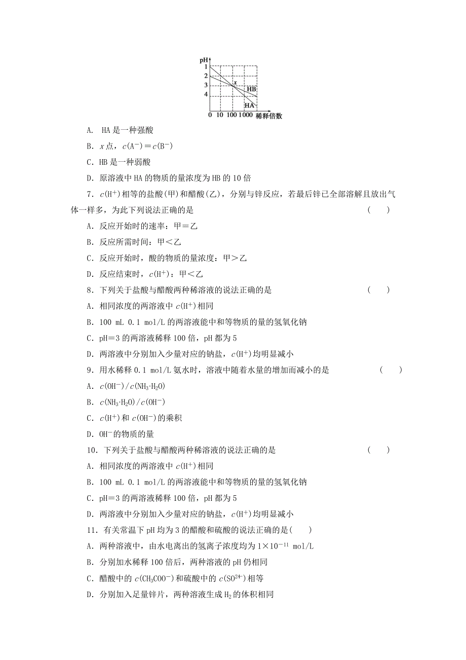 四川省2012届高三化学第一轮复习《第10章 第1讲 弱电解质的电离平衡》同步练习.doc_第2页