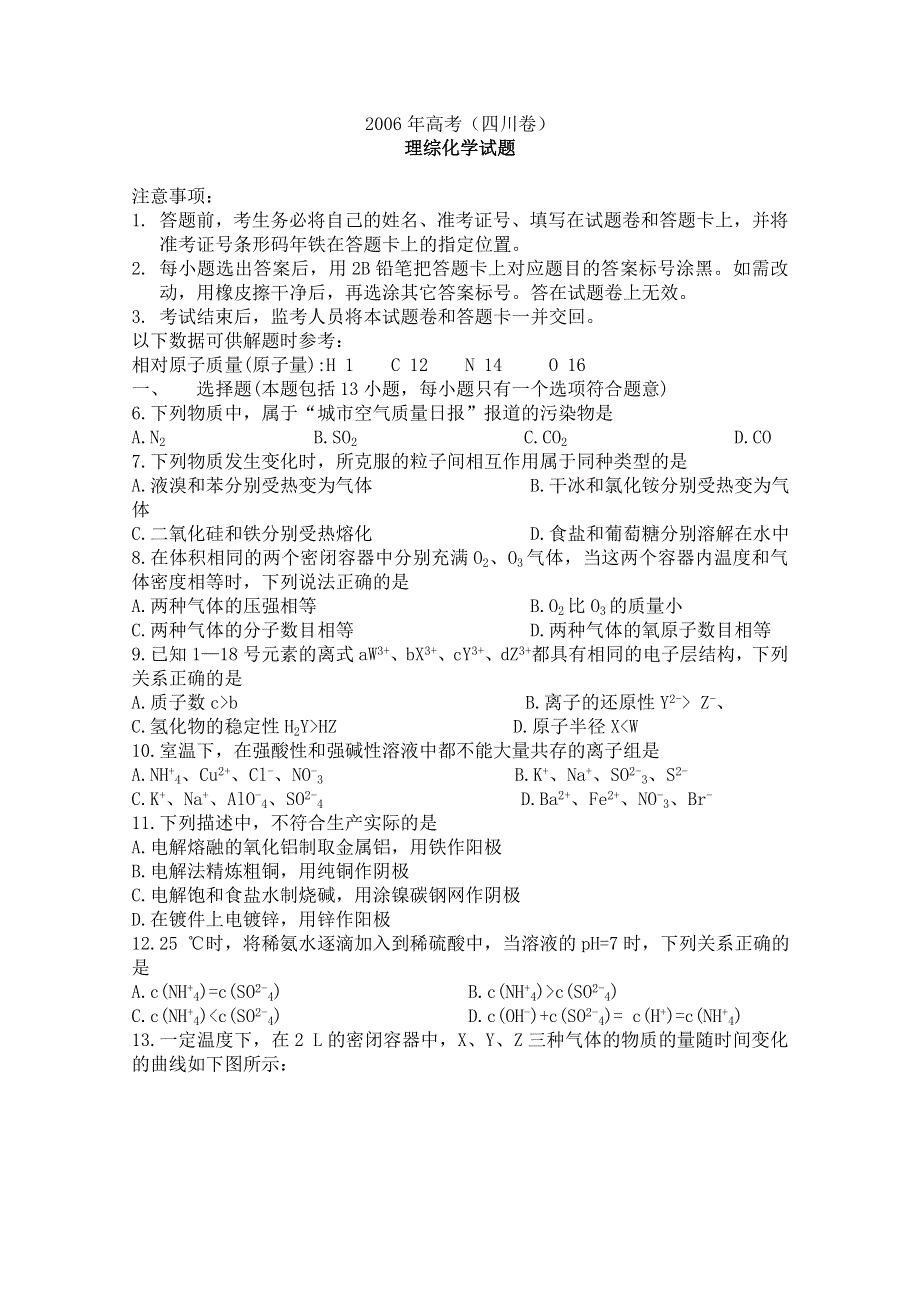 2005—2011年高考试题分类：2006年高考试题（四川卷）理综化学部分.doc_第1页