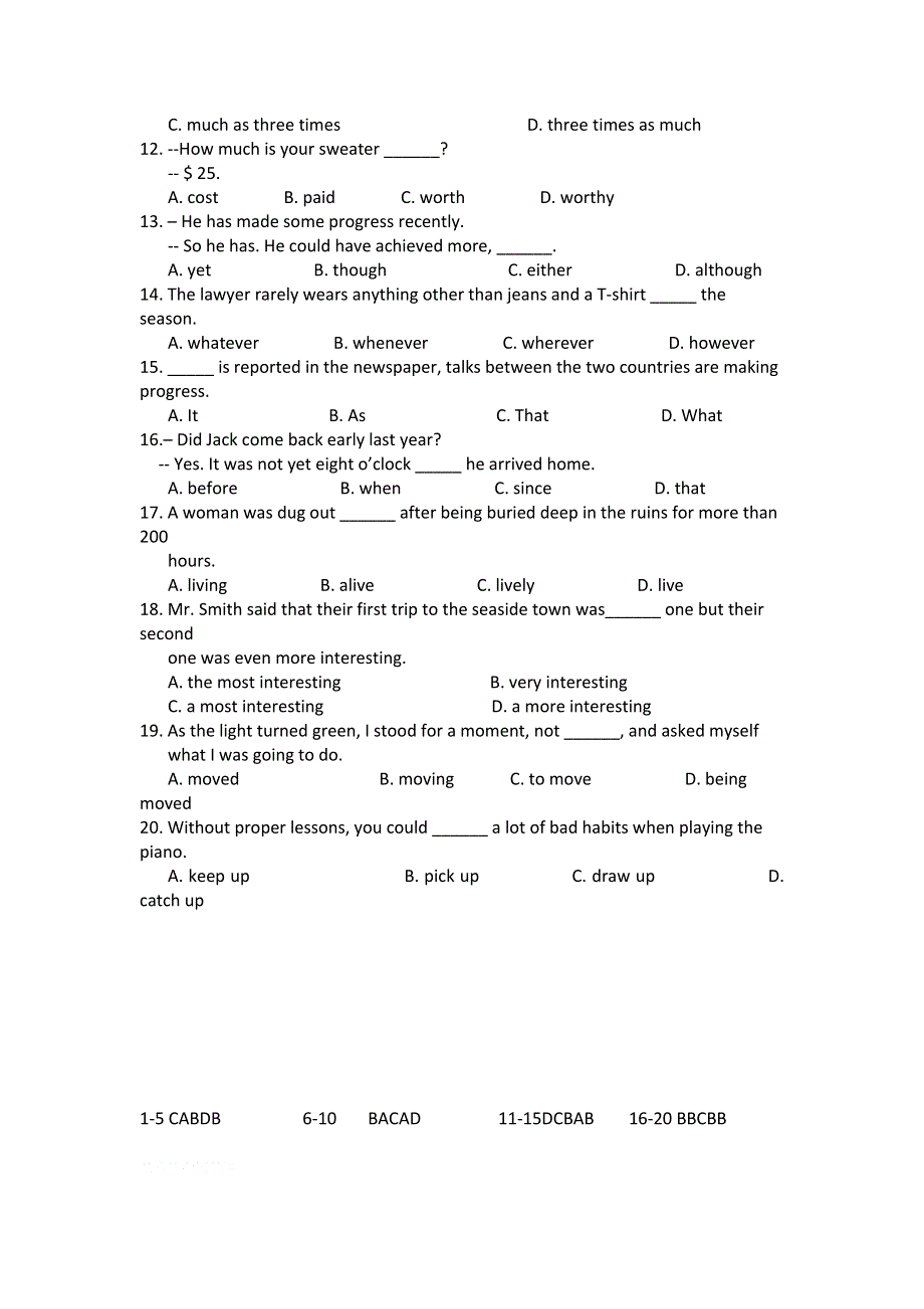 四川省2012届高三英语二轮复习专题训练：单项选择（17）.doc_第2页