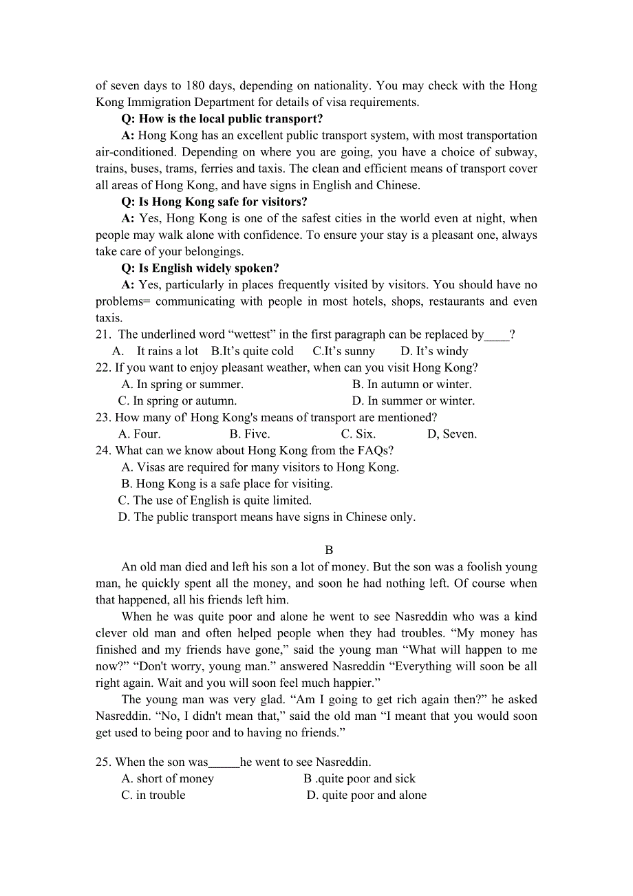 云南省丽江市第一高级中学2021-2022学年高一上学期9月测试英语试题 WORD版含答案.doc_第3页