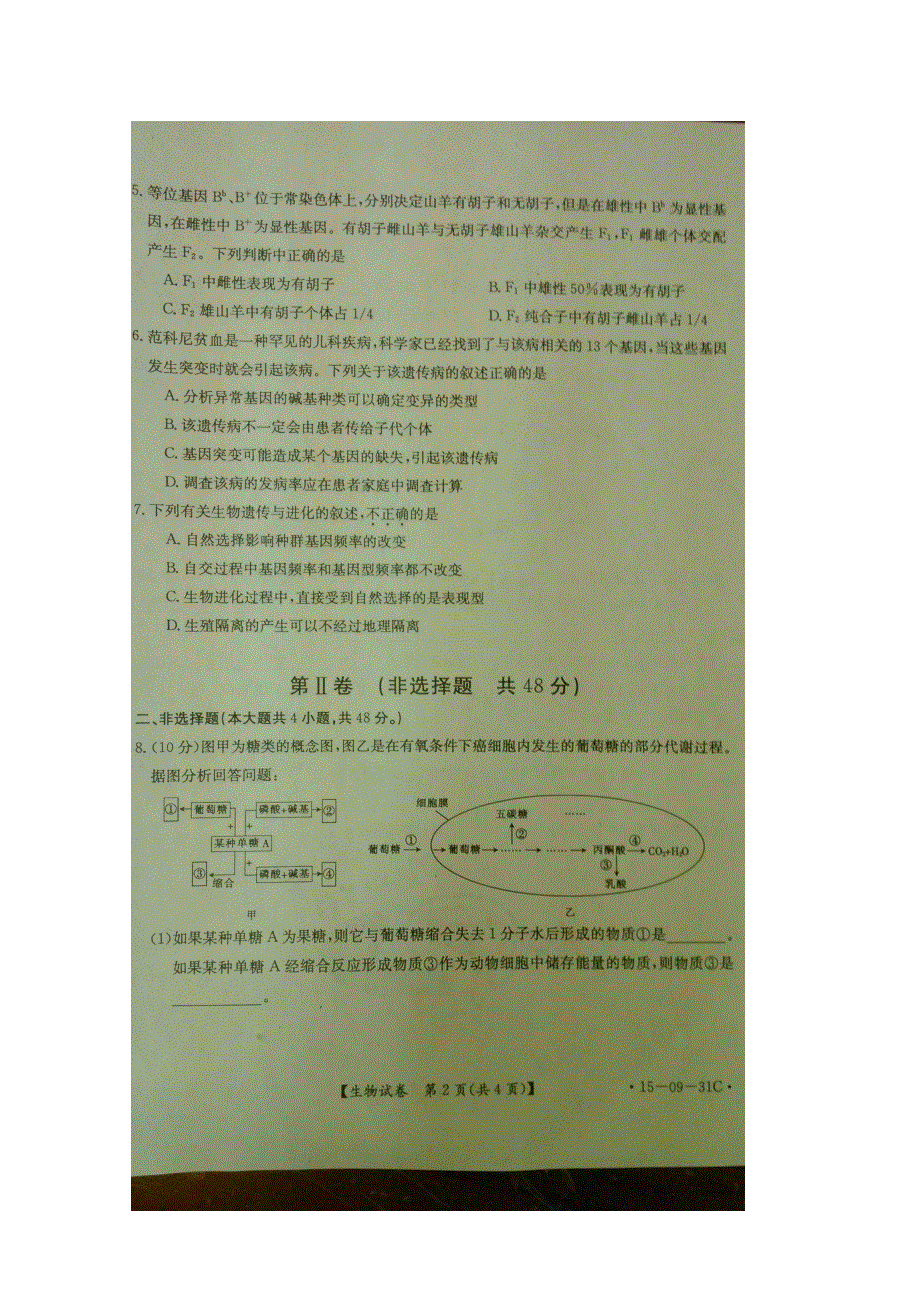 四川省2015届高三12月阶段性统一考试 生物 扫描版含答案.doc_第2页