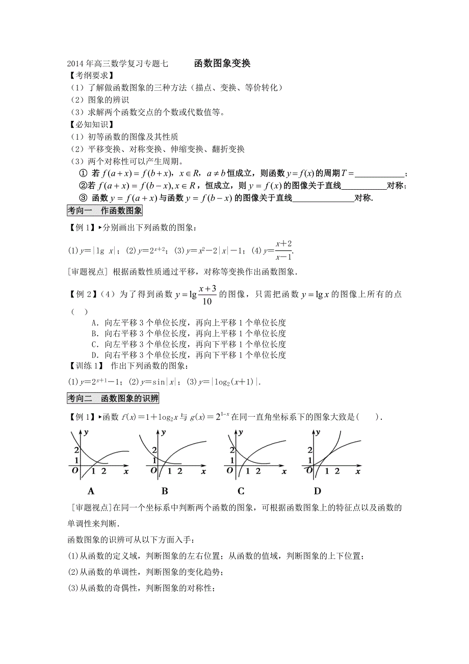 《2014数学高考内部资料》云南省大理州实验中学一轮复习讲义：专题七 函数图象变换.doc_第1页