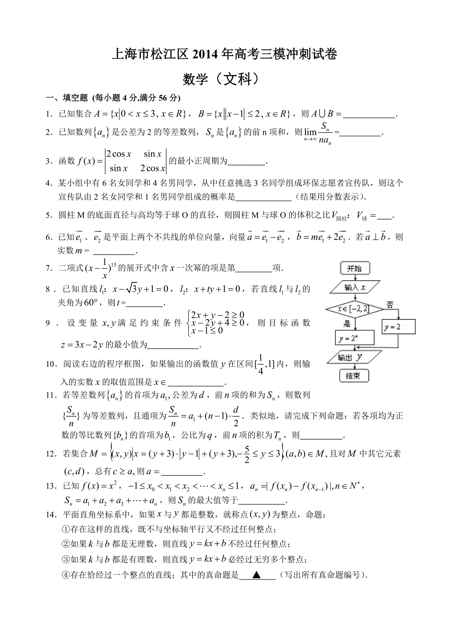 《2014松江三模》上海市松江区2014届高三三模冲刺试卷数学（文）试题 WORD版含答案.doc_第1页