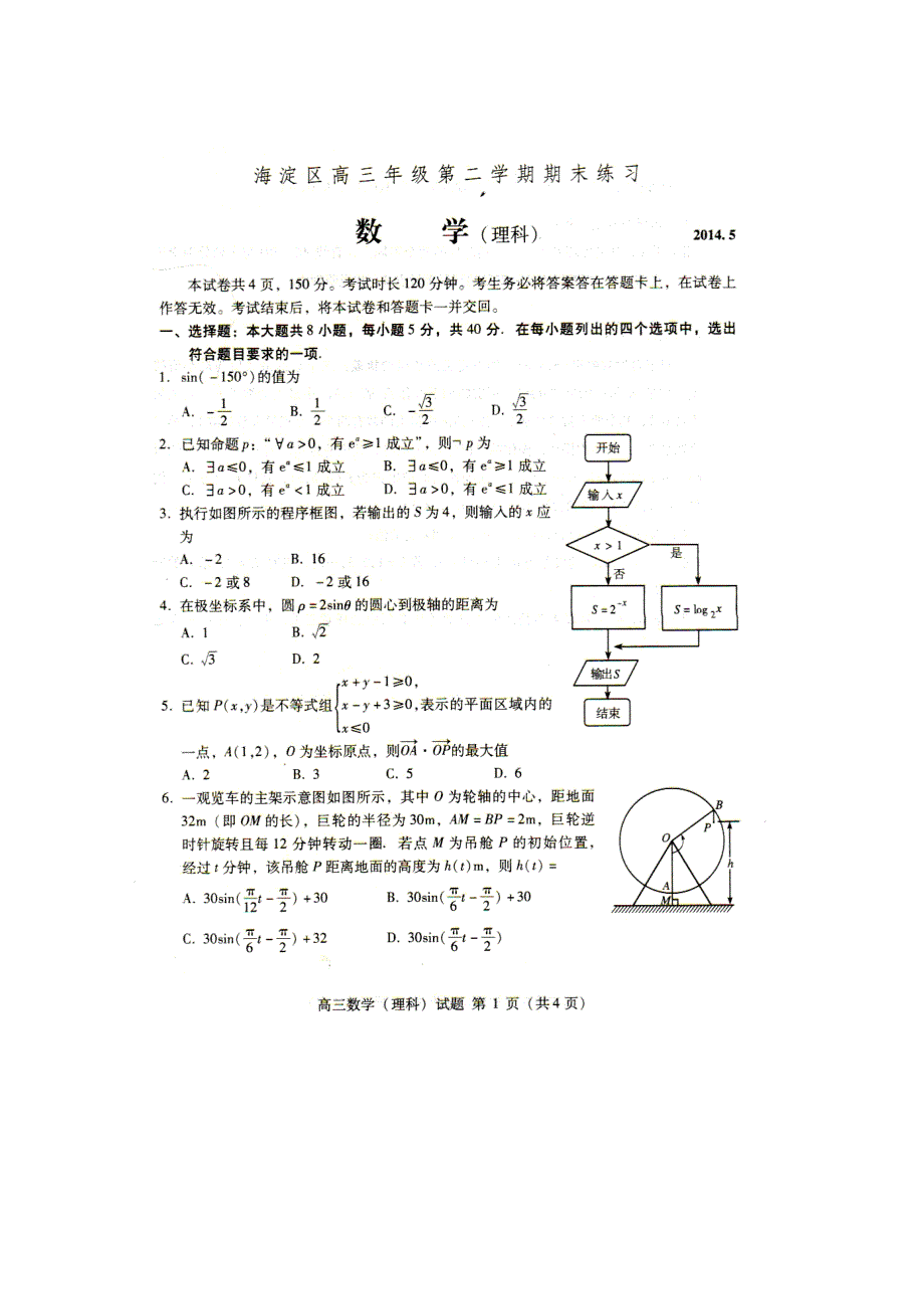 《2014海淀二模》北京市海淀区2014届高三下学期期末练习数学理试题 扫描版含答案.doc_第1页