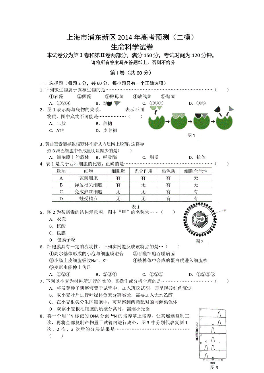 《2014浦东新区二模》上海市浦东新区2014届高三下学期4月二模考试生物试题 WORD版含答案.doc_第1页