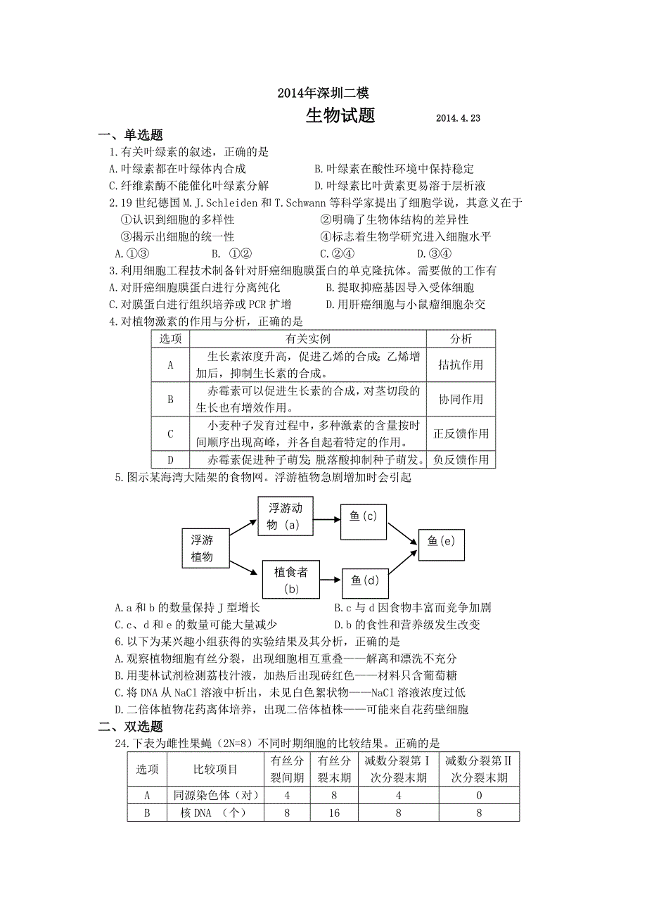 《2014深圳二模》广东省深圳市2014届高三第二次调研测试生物试题 WORD版含答案.doc_第1页