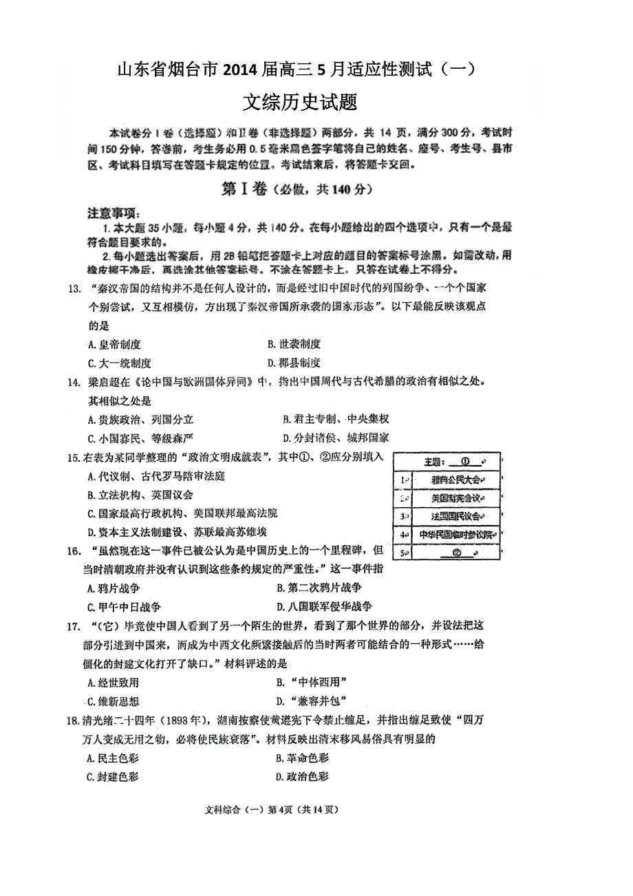 《2014烟台二模》山东省烟台市2014届高三5月适应性测试（一）文综历史试题 扫描版含答案.doc_第1页