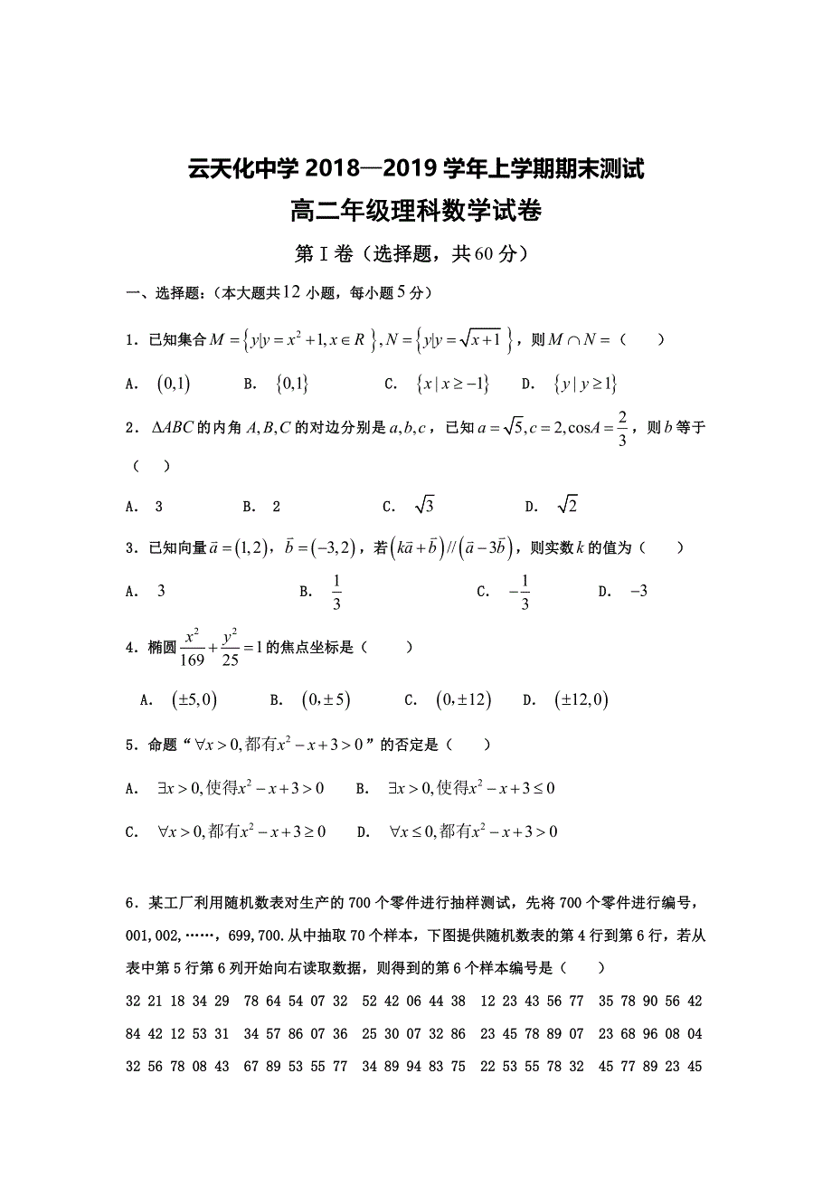 云南省云天化中学2018-2019学年高二上学期期末考试数学（理）试题 WORD版含答案.doc_第1页